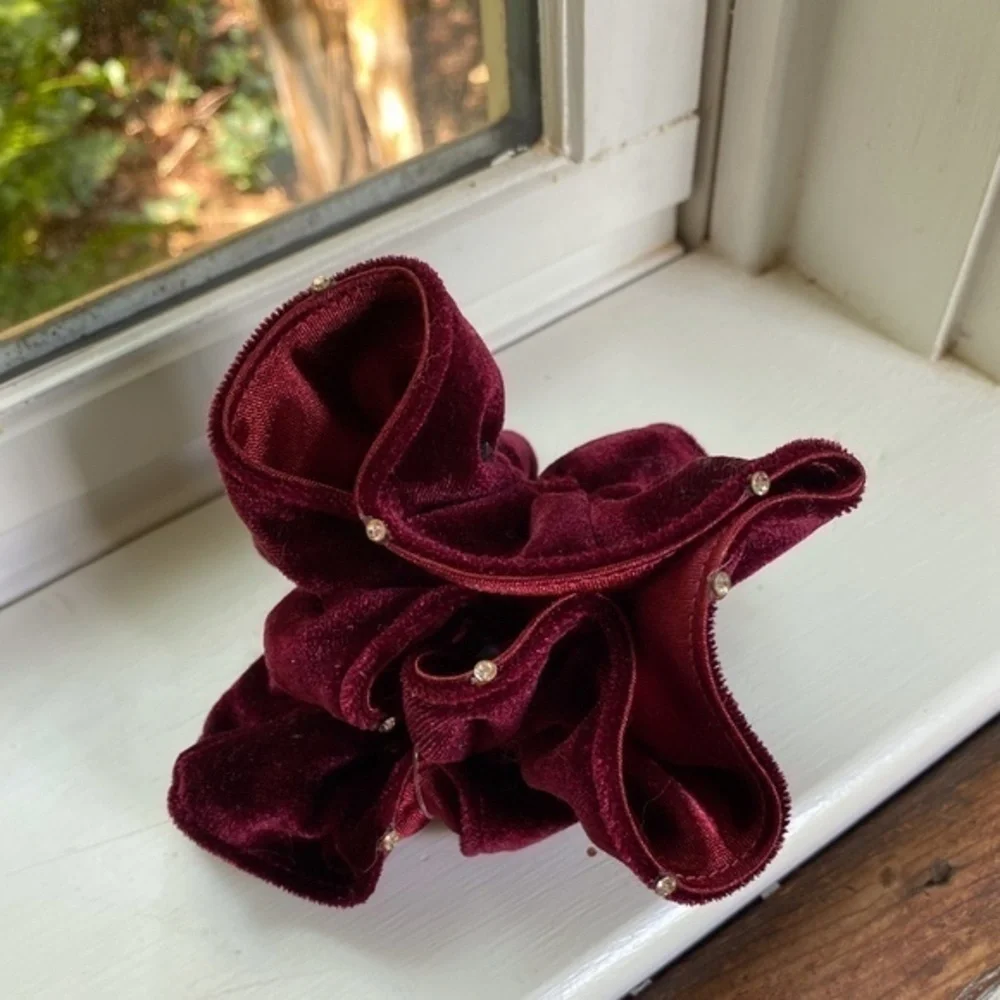 Anthropologie Burgundy Pearl Velvet Hair Scrunchie